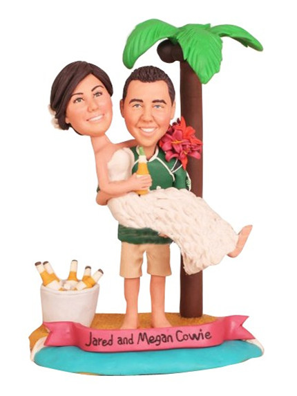 funny bride andmgroom beach theme personalised wedding cake toppers