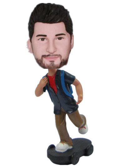 school boy playing scooter Customize Bobble Head