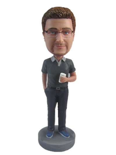 one hand in pocket one hand holding a cup casual male bobble head
