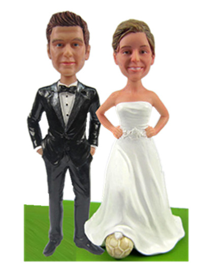 Custom Soccer Couple Bobble head Wedding Cake Topper