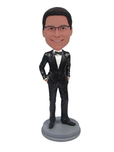 Custom Bobbleheads fashion male in black suit hands in pockets with bow tie bobbble head doll