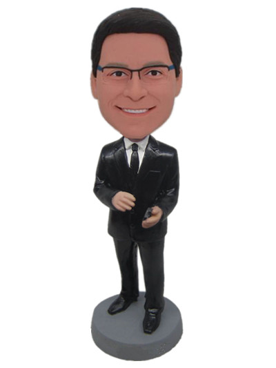 male custom bobblehead with black suit