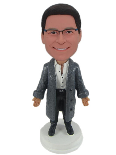 Casual fashion male bobbleheads with grey long coat