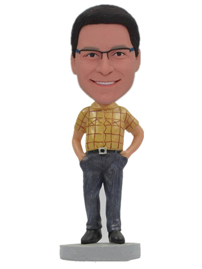 Custom bobble head dressed in yellow plaid shirt hands in pockets
