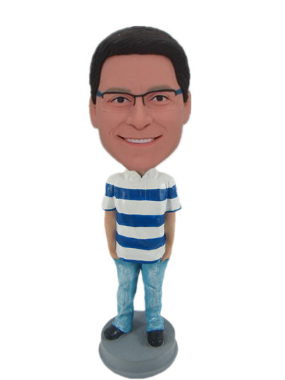 Custom bobble head with stripe polo shirt and blue jeans