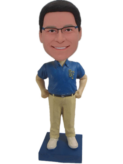 Custom bobblehead with blue shirt and light hands on hipsyellow pants