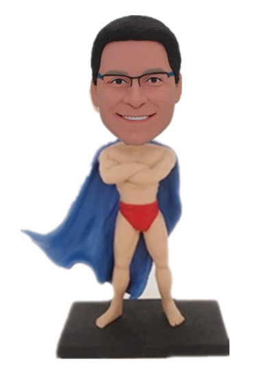 shirtless with a blue cape custom superman bobble head