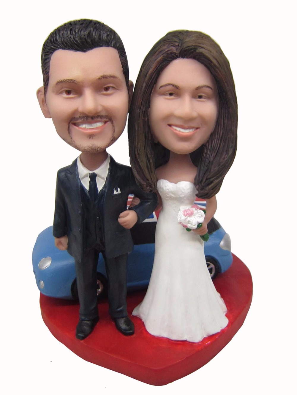 Personalized couple standing by car wedding bobble head