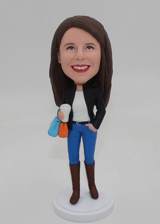 Fashion lady one hand in pocket one hand holding a cup of coffee Female bobble head christmas gift