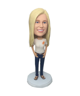 Casual Lady In White Tshirt And Blue Jeans Hands In Pockets Bobble heads