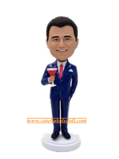 Fashion Man in Navy Blue Suit Hand In Pocket And Holding A Cocktail Cup Bobblehead