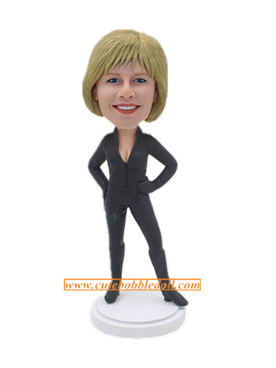 Custom Bobblehead Lady In Black Suit And Black Boots