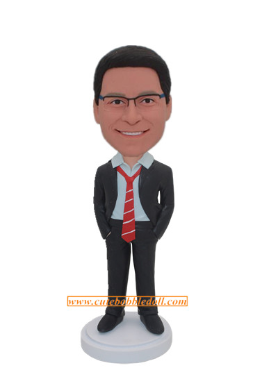 Man In Black Suit And Red Tie Hands In Pocket Custom Bobble head