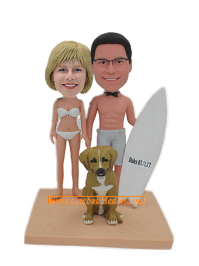 Custom Couple On Beach With A Surfboar And A Custom Dog