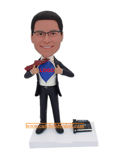 Custom Man In Black Suit Super Businessman With Company Logo On Shirt And With His Symbolic On The Base