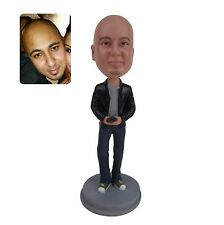 casual bobblehead man in grey polo shirt  and black jacket with smart phone in hands custom bobblehead