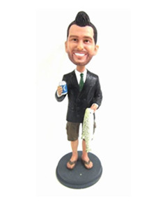 Casual male bobblehead hanging a fish