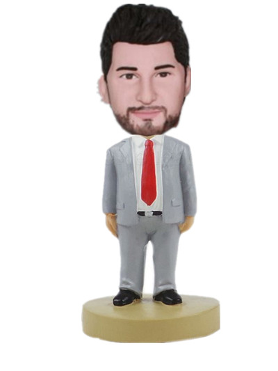 groomsmen bobblehead dolls in gray suit