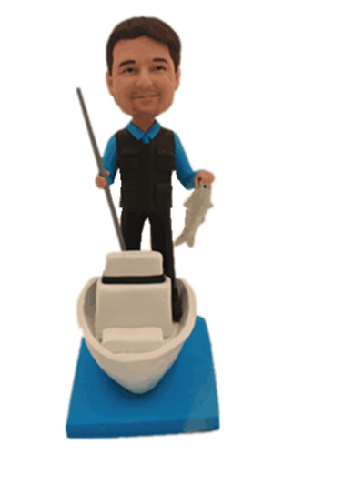 Man in coat fishing custom bobble head