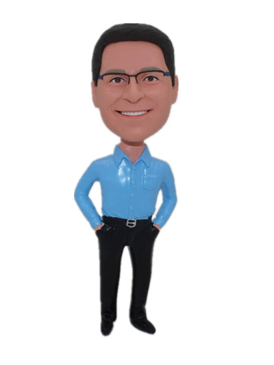 Man in blue shirt hands in pockets custom groomsmen bobbleheads