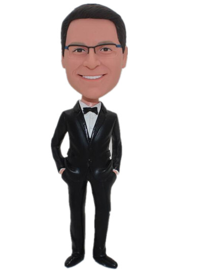 Groomsmen in black suit hands in pockets custom bobbleheads