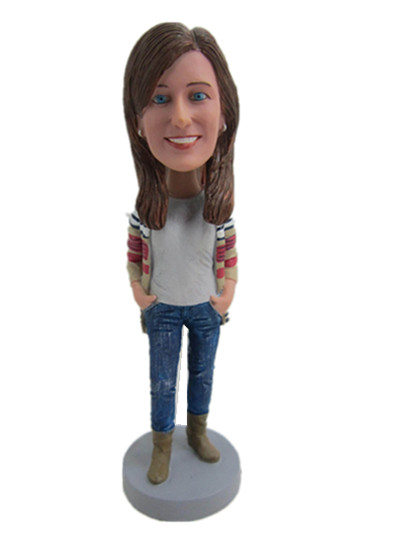 Casual lady hands in pockets Custom bobblehead doll