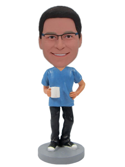 A man with cup bobble heads