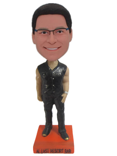 Custom bobble head  with black sleeveless jacket and black pants