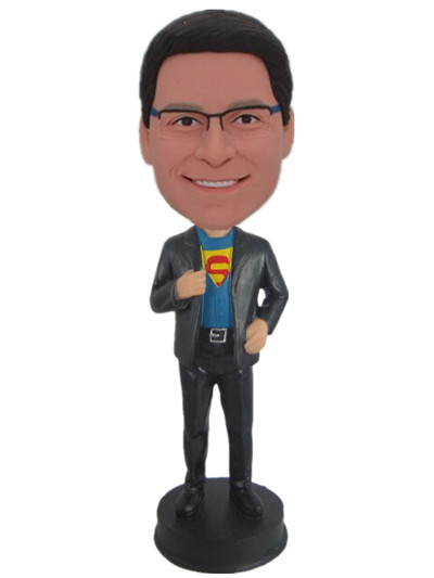 Custom bobblehead wearing black dress suit and a superman tshirt