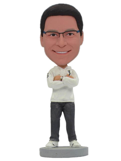 Casual  bobble head Guy dressed in white fleece and jeans