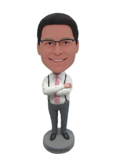 Boss gift custom bobble head with white shirt and suspenders