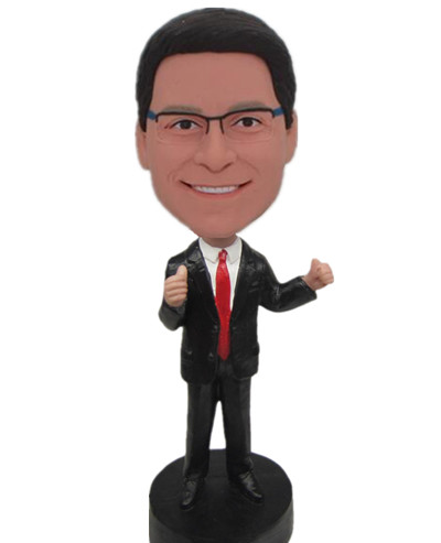 Custom talking bobble head in black suit and red tie
