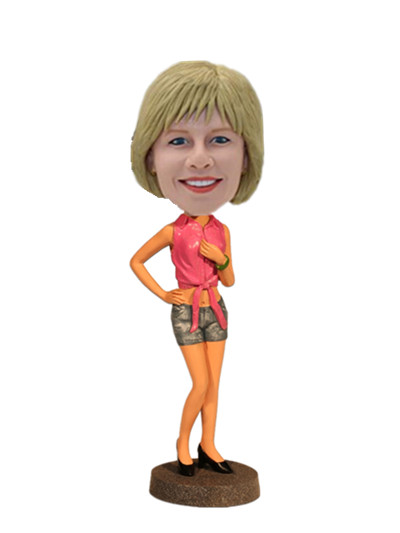 Hot Lady with hot pink tops and short jeans bobble head dolls