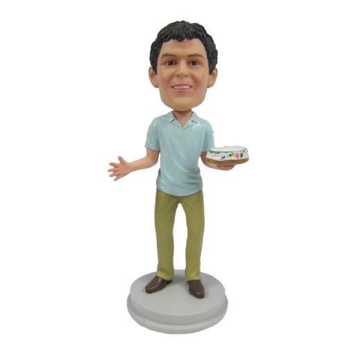 Man holding a cake custom bobblehead birthday gift