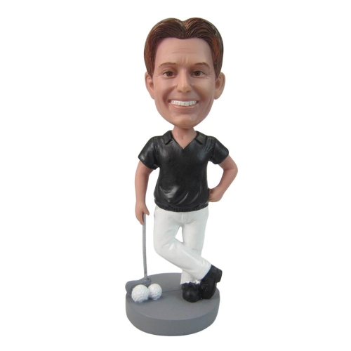 Man with black polo shirt and white pants man golf custom bobble heads
