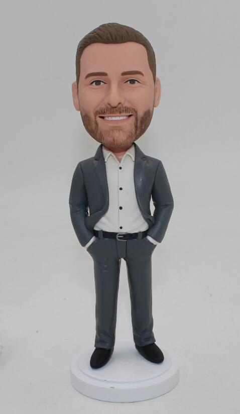 Custom groomsman in gery suit hands in pockets Bobble head