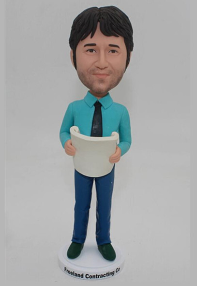 Engineer bobble head In Bule Shirt And Jeans With A Blueprint In Hands Male Bobble  head dolls