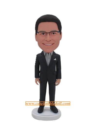 Custom Male Bobblehead In Grey Shirt And Black Suit
