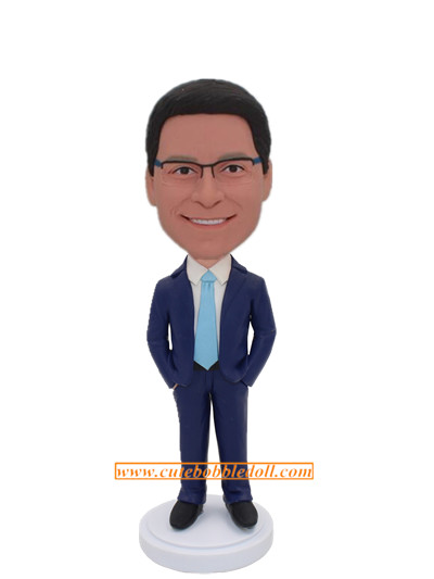 Custom Man In Navy Blue Suit And Light Blue Tie Hands In Pockets Fashion Man Custom Bobblehead