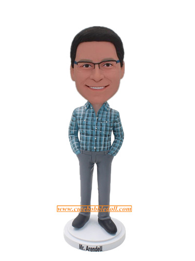 Fashion Man Custom Bobble head In Plaid Shirt Hands In Pockets