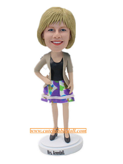 Lady In Beautiful Dress And Light Khaki Coat Custom Bobblehead