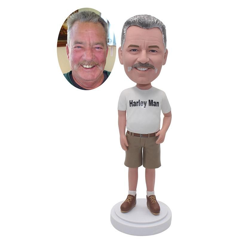 handmade bobblehead gift harley man bobblehead man in white t shirt and Khaki shorts